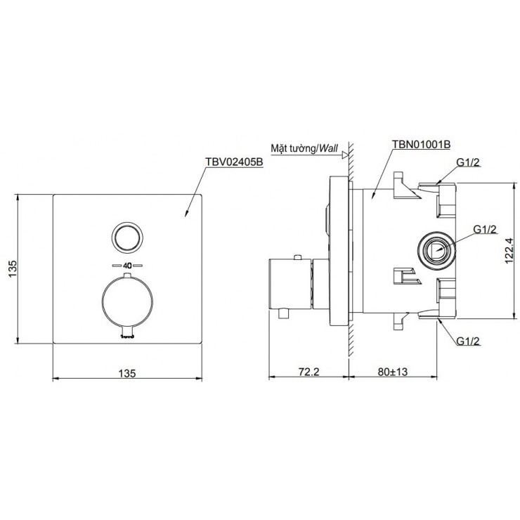 Van Điều Chỉnh Nhiệt Độ TOTO TBV02405B/TBN01001B Nút Nhấn