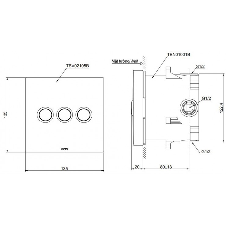 Van Điều Chỉnh Nhiệt Độ TOTO TBV02105B/TBN01001B Nút Nhấn