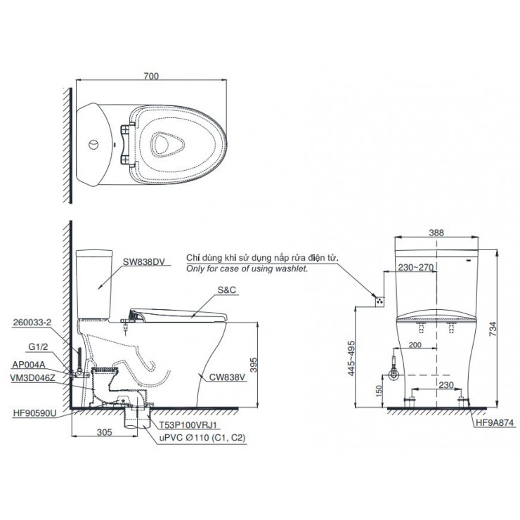 Bàn Cầu TOTO CS838DE4 Hai Khối Nắp Cơ