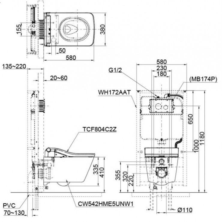 Bồn Cầu TOTO CW522EA/TCF803CZ/WH172AT Treo Tường Tự Xả Nước