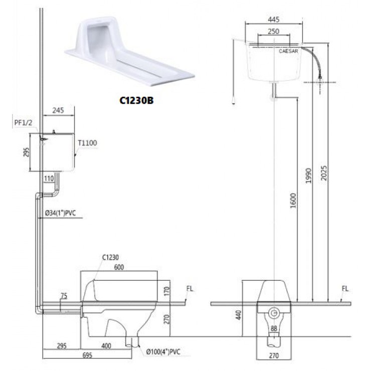 Bồn Cầu Xổm CAESAR C1230B Chữ Nhật