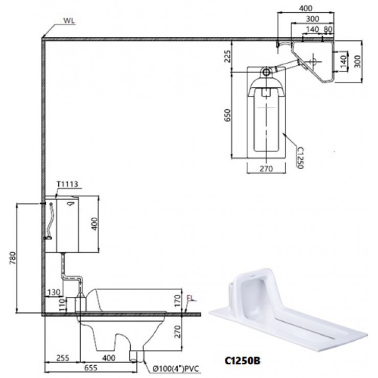 Bồn Cầu Xổm CAESAR C1250B Chữ Nhật