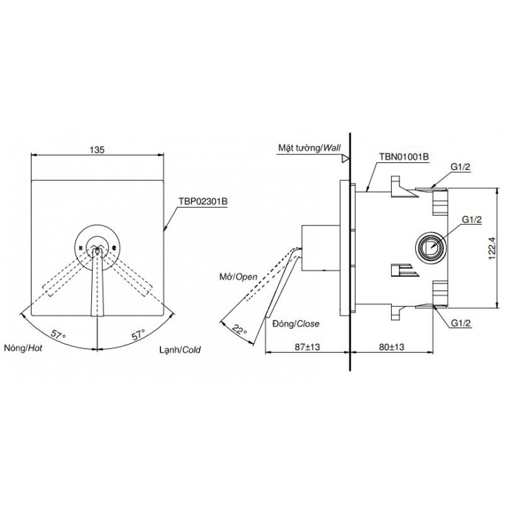 Van Điều Chỉnh Nóng Lạnh TOTO TBP02301B/TBN01001B