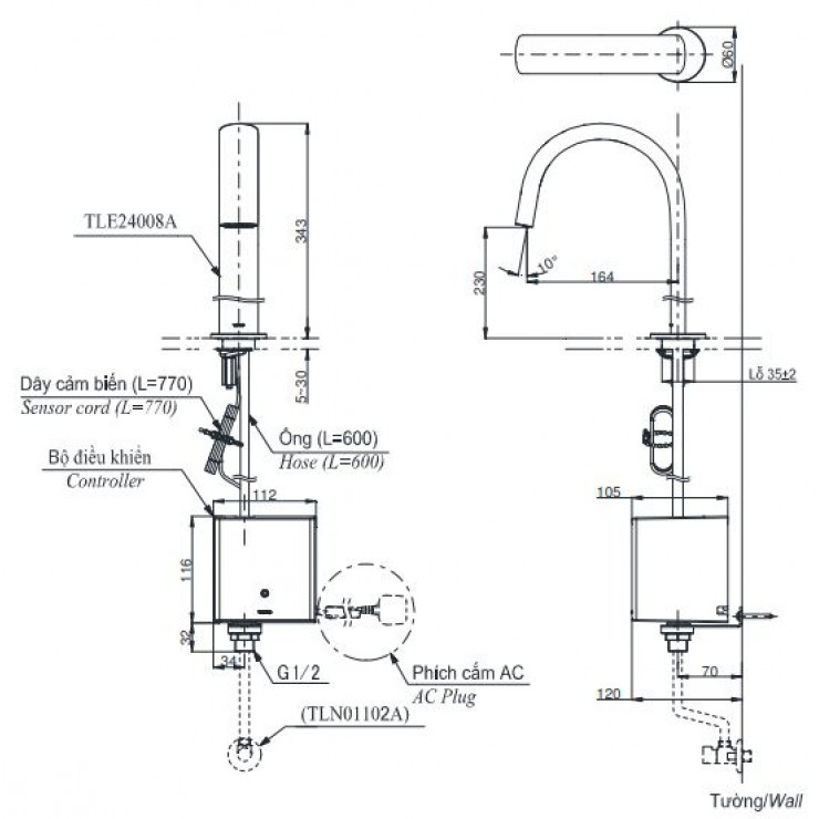 Vòi Lavabo Cảm Ứng TOTO TLE24008A Tự Động Thân Cao