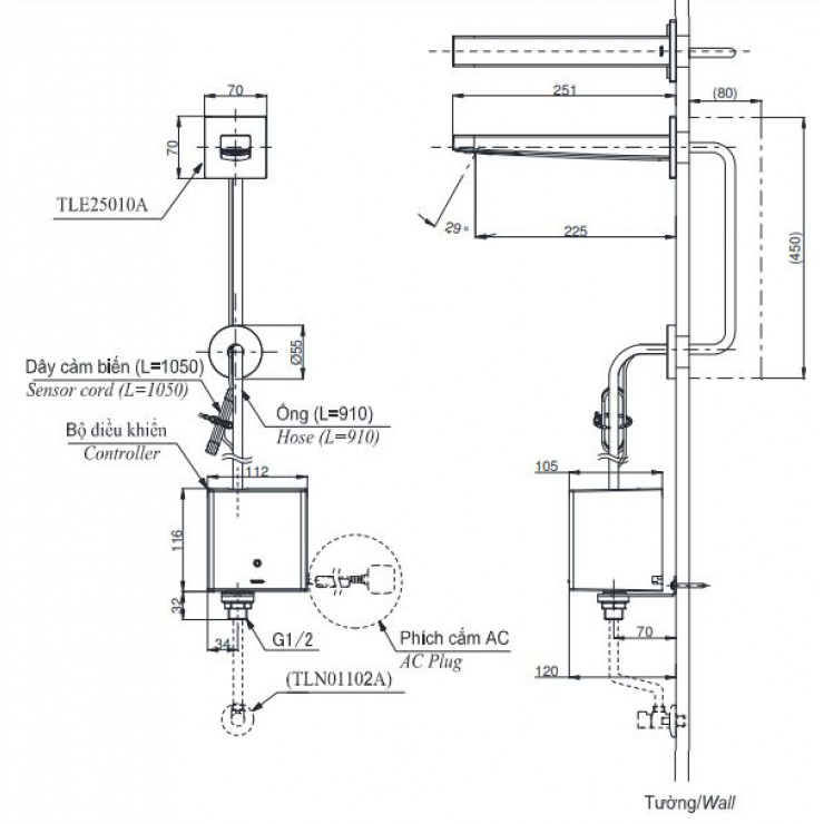 Vòi Lavabo Cảm Ứng TOTO TLE25010A Tự Động Gắn Tường