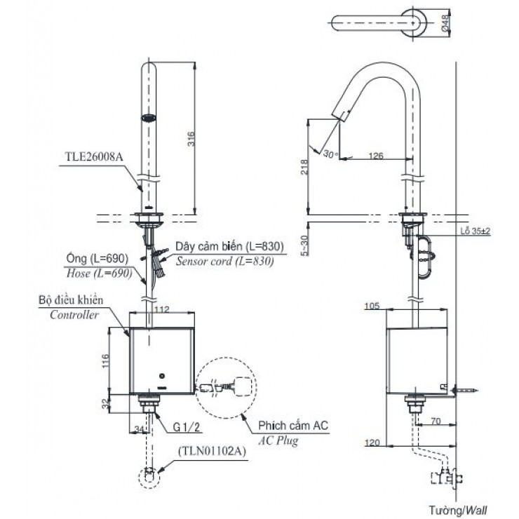 Vòi Lavabo Cảm Ứng TOTO TLE26008A Tự Động Thân Cao