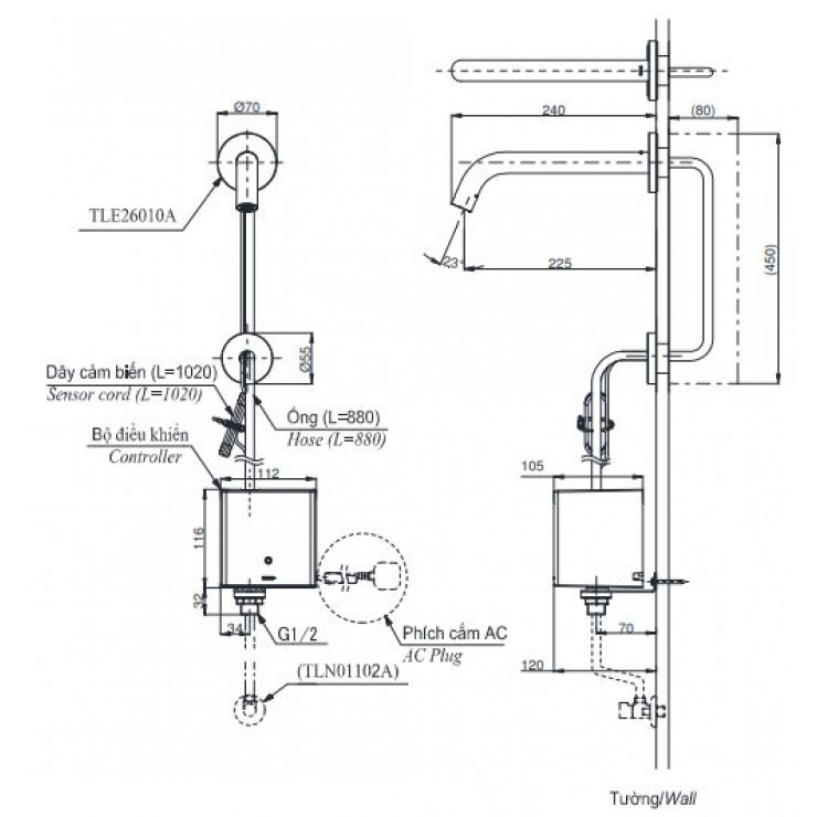 Vòi Lavabo Cảm Ứng TOTO TLE26010A Tự Động Gắn Tường