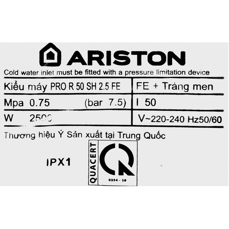 Bình nóng lạnh 50L Ariston Pro R 50 SH 2.5 FE- Bình ngang