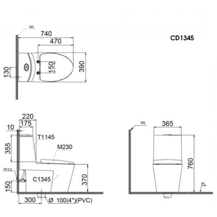 Bàn Cầu Nắp Rửa Cơ Caesar CD1345/TAF050 2 Khối