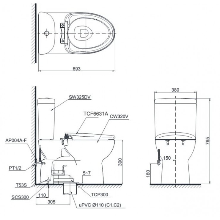 Bồn Cầu Điện Tử TOTO CS325DRW16 Nắp Rửa Washlet TCF23410AAA C2