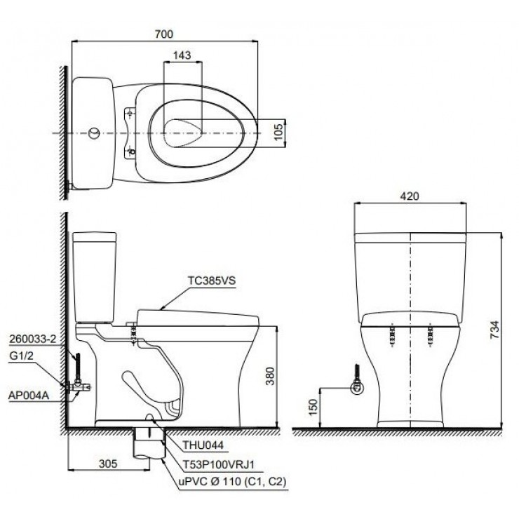 Bồn Cầu TOTO CS735DT3 Hai Khối Nắp TC385VS