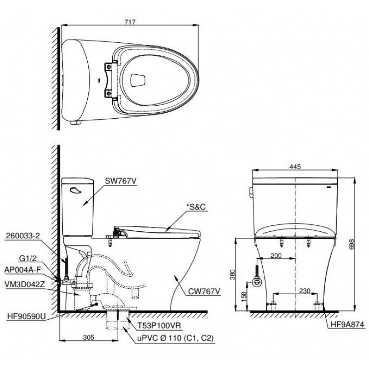 Bồn Cầu Điện Tử TOTO CS767CRW17 Nắp Rửa Washlet TCF23460AAA C2 Giấu Dây