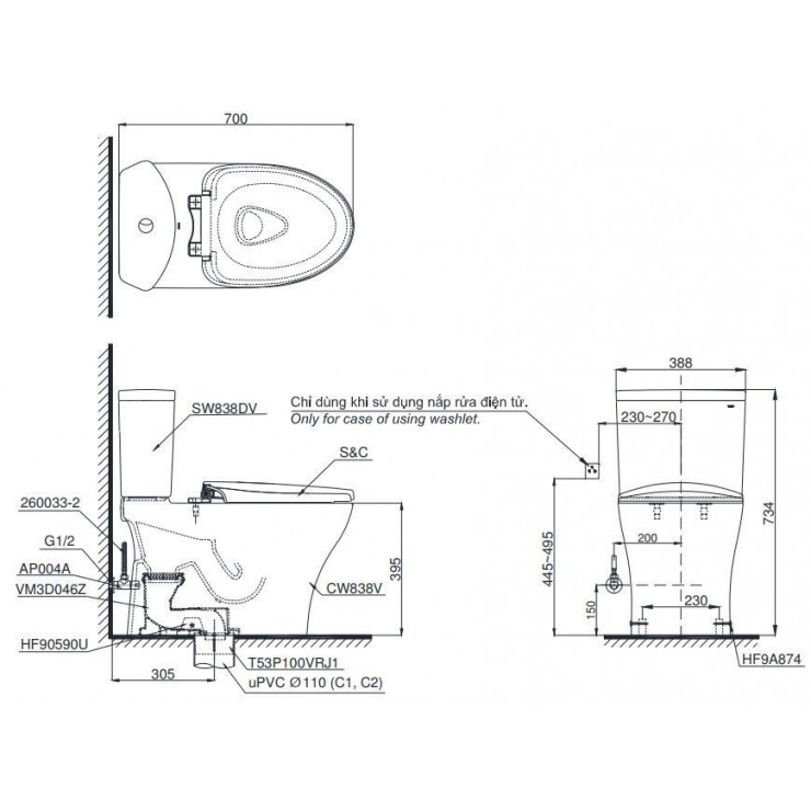 Bồn Cầu Điện Tử TOTO CS838CDW15 Nắp Rửa Washlet