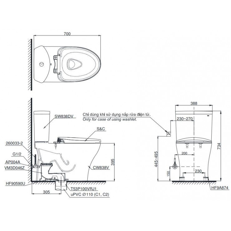 Bồn Cầu Điện Tử TOTO CS838DW14 Nắp Rửa Washlet