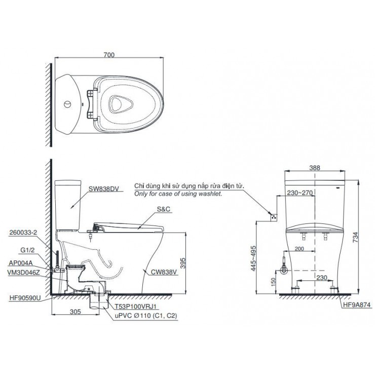 Bồn Cầu Điện Tử TOTO CS838DW16 Nắp Rửa Washlet TCF23410AAA C2