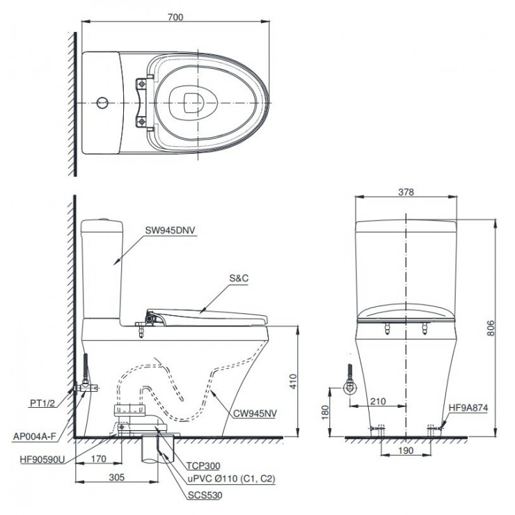 Bồn Cầu Điện Tử TOTO CS945DNW16 Nắp Rửa Washlet TCF23410AAA C2