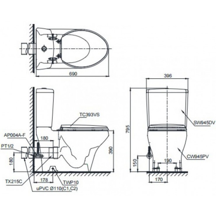 Bồn Cầu Điện Tử TOTO CS945PDW16 Nắp Rửa Washlet TCF23410AAA C2 Thoát Ngang