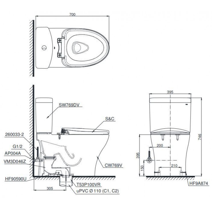 Bồn Cầu Điện Tử TOTO CS769CDRW17 Nắp Rửa Washlet TCF23460AAA C2 Giấu Dây