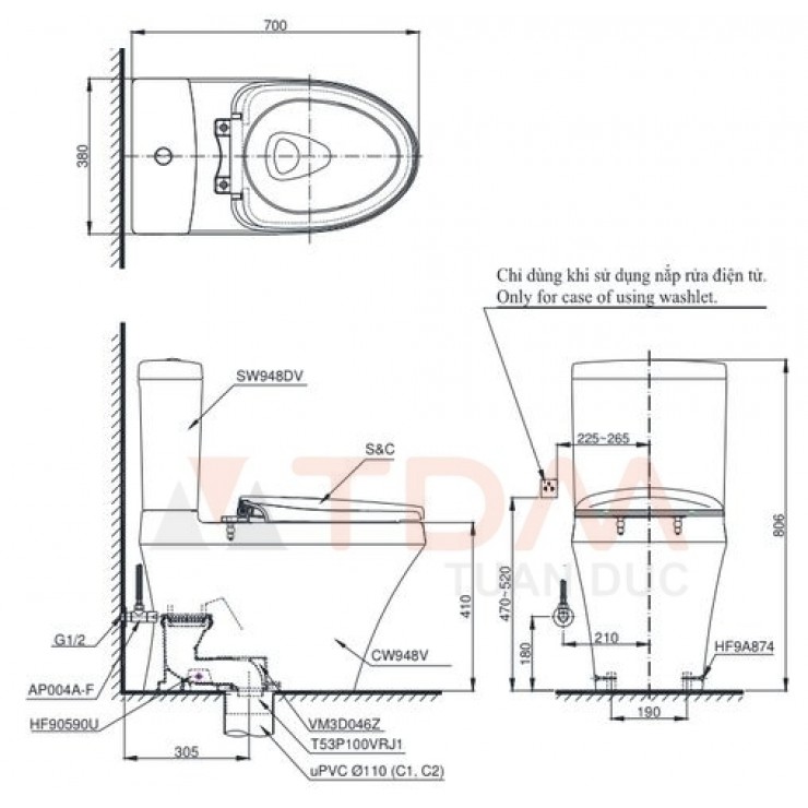 Bồn Cầu Điện Tử TOTO CS948CDW17 Nắp Rửa Washlet TCF23460AAA C2 Giấu Dây