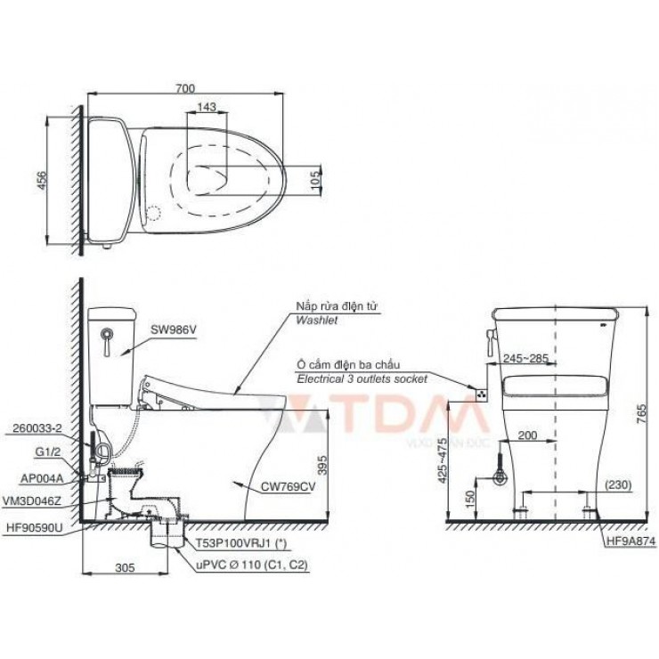 Bồn Cầu Điện Tử TOTO CS986CGW17 Nắp Rửa Washlet TCF23460AAA C2 Giấu Dây