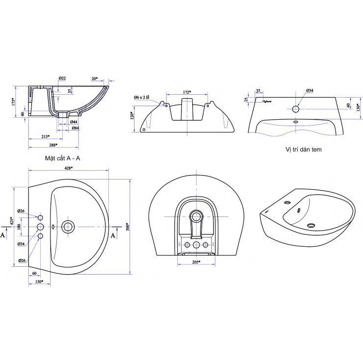 Chậu Rửa Lavabo Viglacera V36 Chân Treo