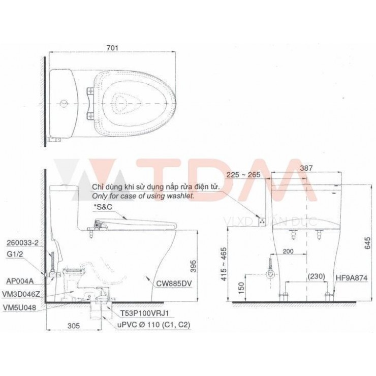 Bồn Cầu Điện Tử TOTO MS885CDW15 Nắp Rửa Washlet