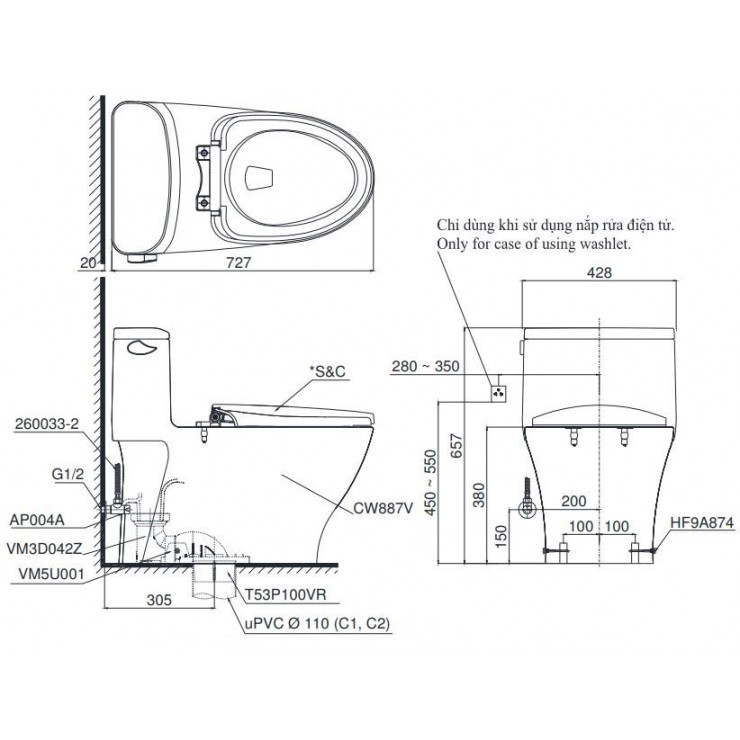 Bồn Cầu Điện Tử TOTO MS887CRW17 Nắp Rửa Washlet TCF23460AAA C2 Giấu Dây