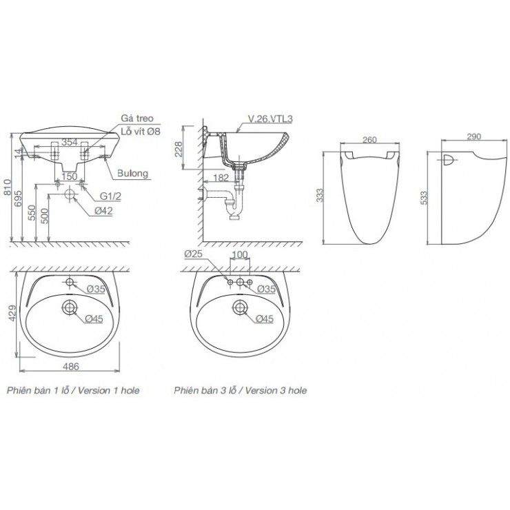 Chậu Rửa Lavabo Viglacera VTL3/VI5 Chân Treo Chậu Rửa Lavabo