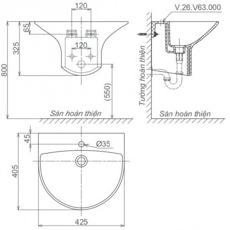 Chậu Rửa Lavabo Viglacera V63 Liền Khối Treo Tường - Tuấn Đức