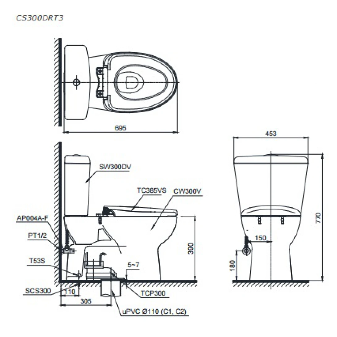 bản vẽ kỹ thuật bồn cầu TOTO CS300DRT3 - Xí bệt bàn cầu vệ sinh 2 khối nắp TC385VS 