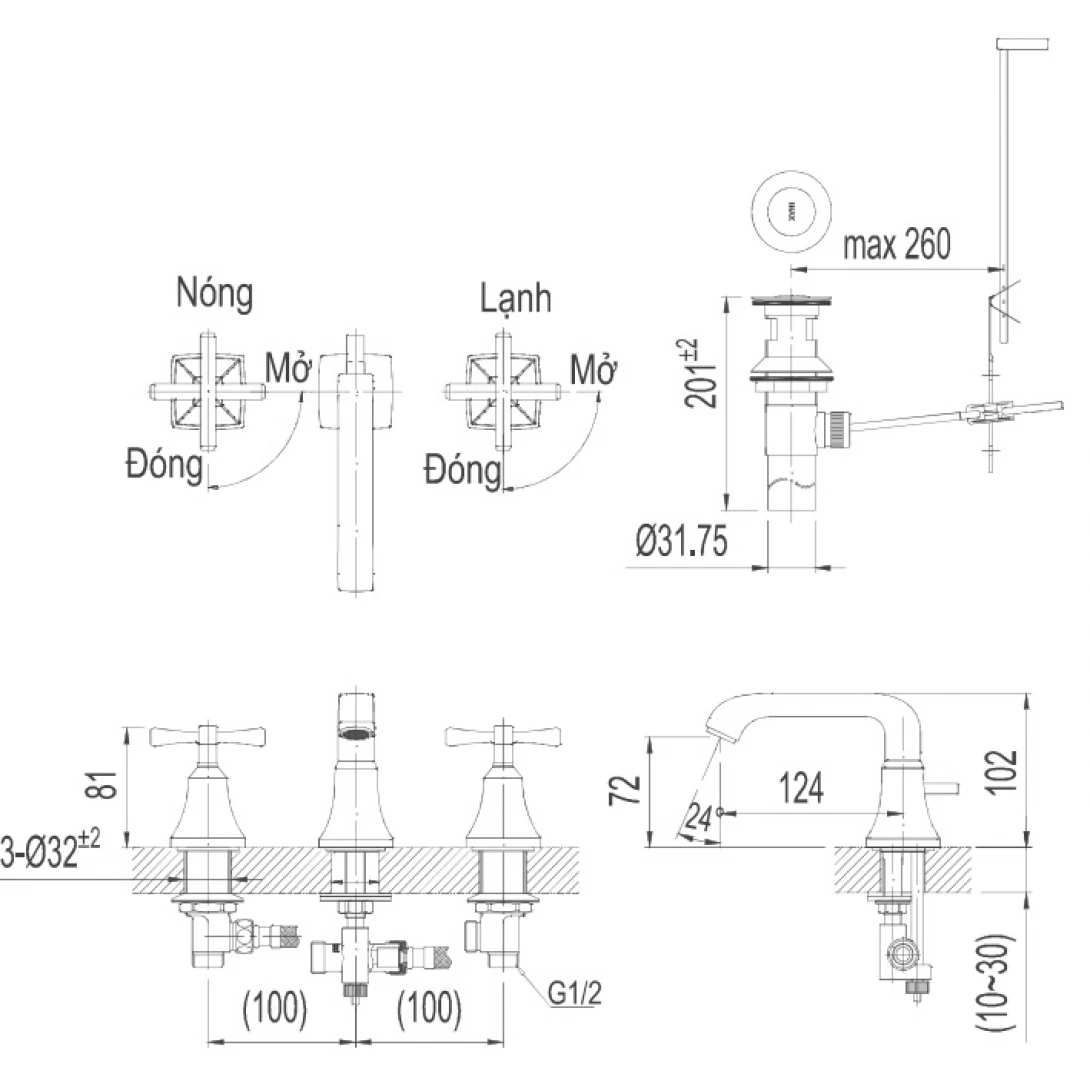 Vòi Lavabo Inax LFV-8100B (LFV8100B) Van Nóng Lạnh 3 Lỗ Vòi Lavabo