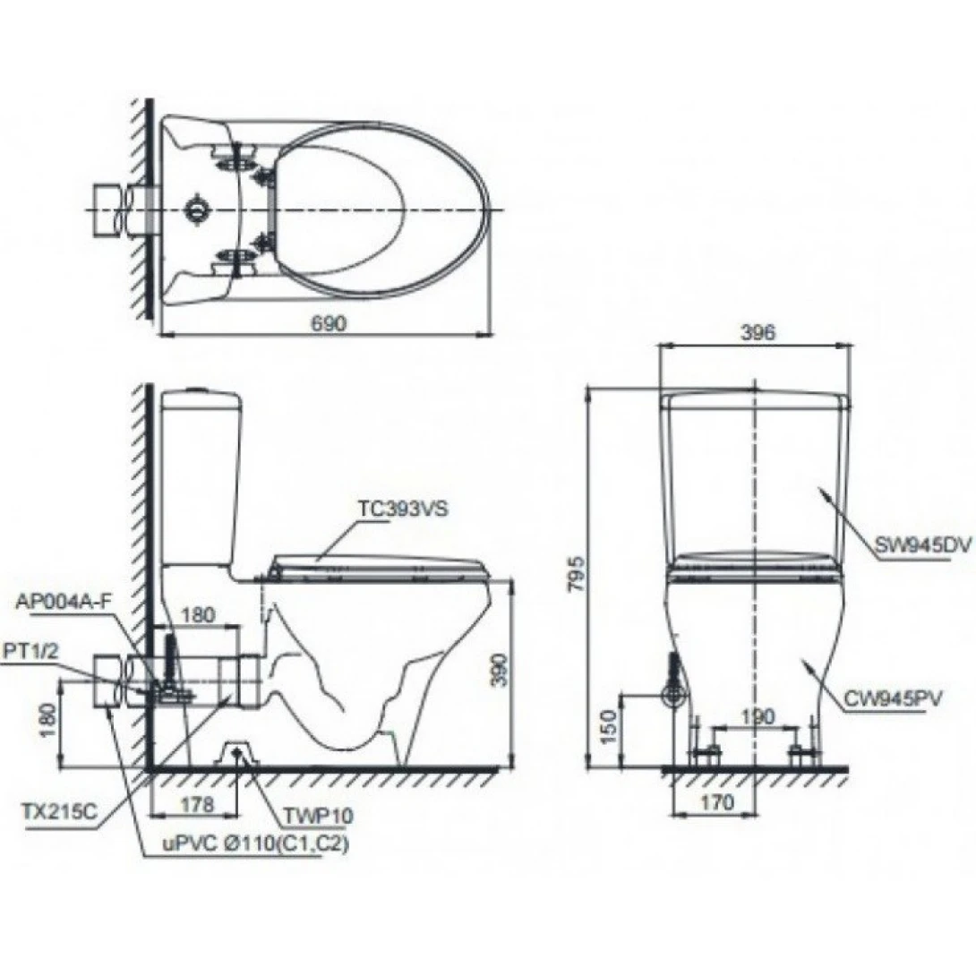 Bồn Cầu Điện Tử TOTO CS945PDW18 Nắp Rửa Washlet TCF23710AAA C2 Simple Thoát Ngang - Tuấn Đức