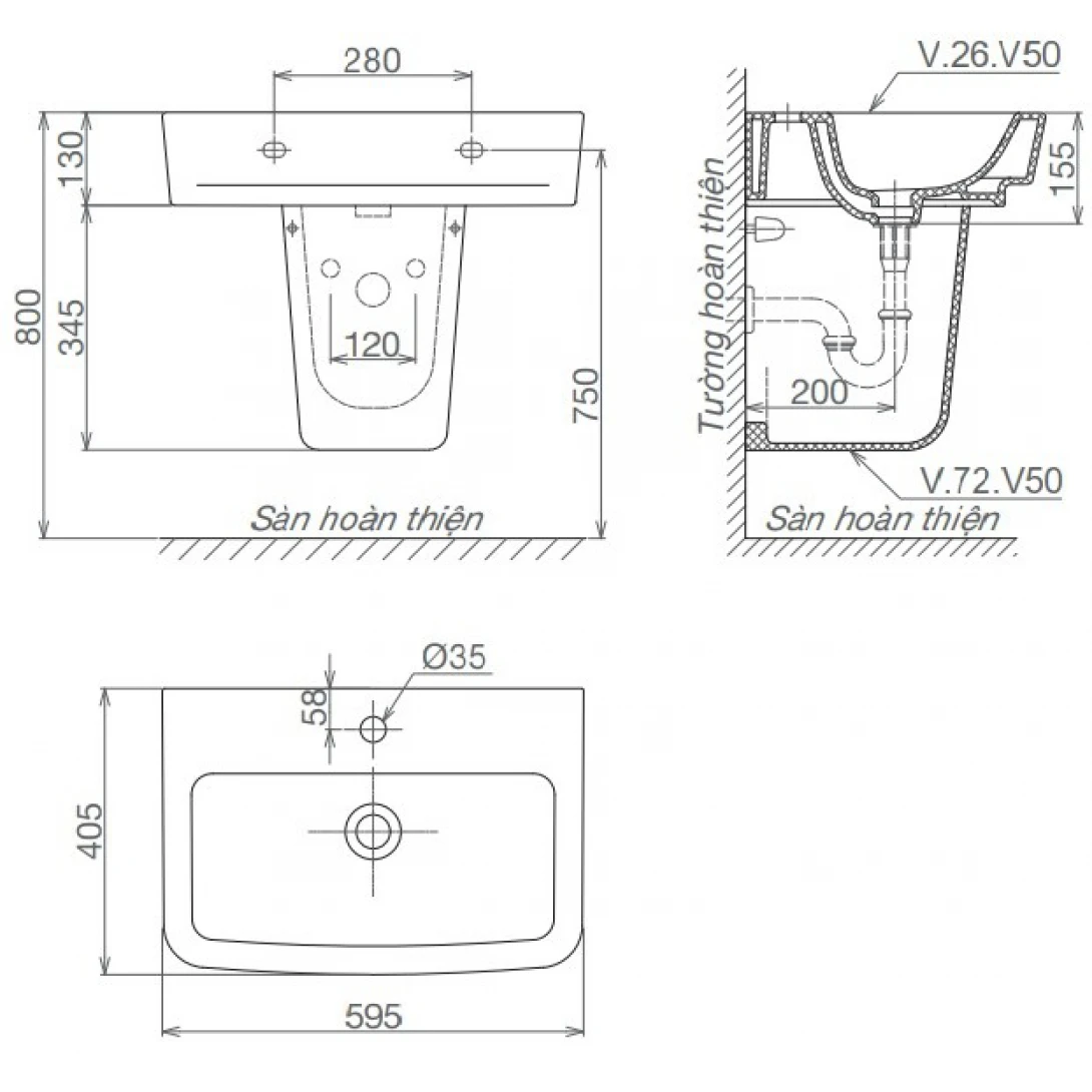 Bộ Chậu Rửa Lavabo Và Chân Ngắn Treo Tường Viglacera V50 (CD50) Chậu Rửa Lavabo