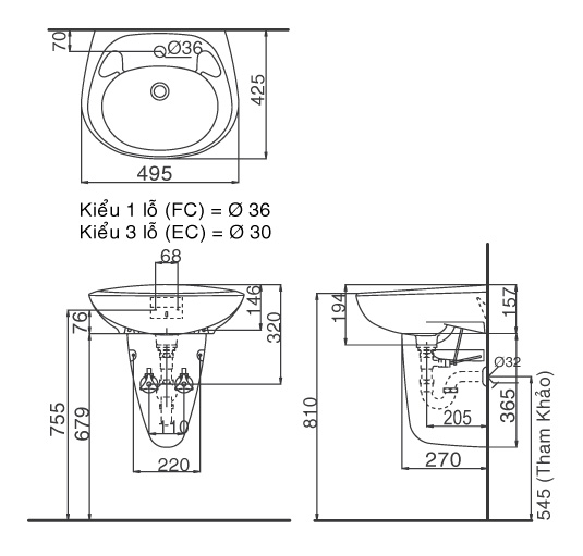 Bản vẽ kỹ thuật bồn rửa mặt lavabo INAX L-284V/L-284VC