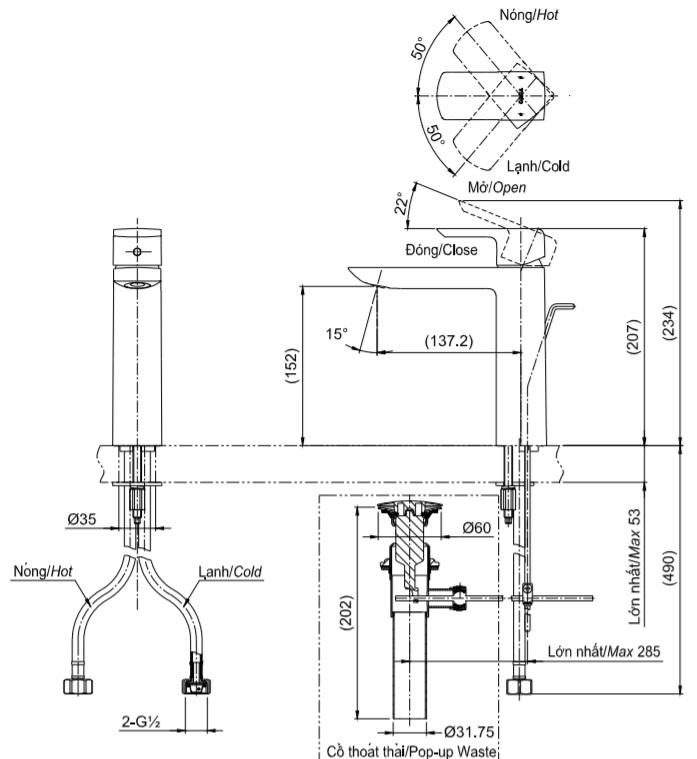 bản vẽ vòi lavabo toto TLG02304V-trung