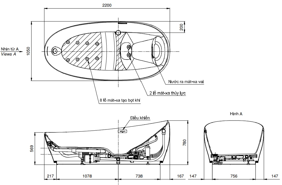 Bản vẽ bồn tắm TOTO PJYD2200PWE màu GW