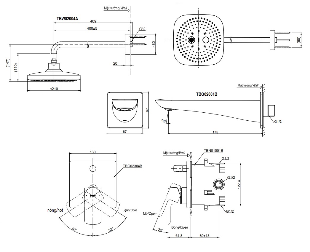 bản vẽ vòi sen TOTO TBG02304B/TBW02004A/TBG02001B âm tường