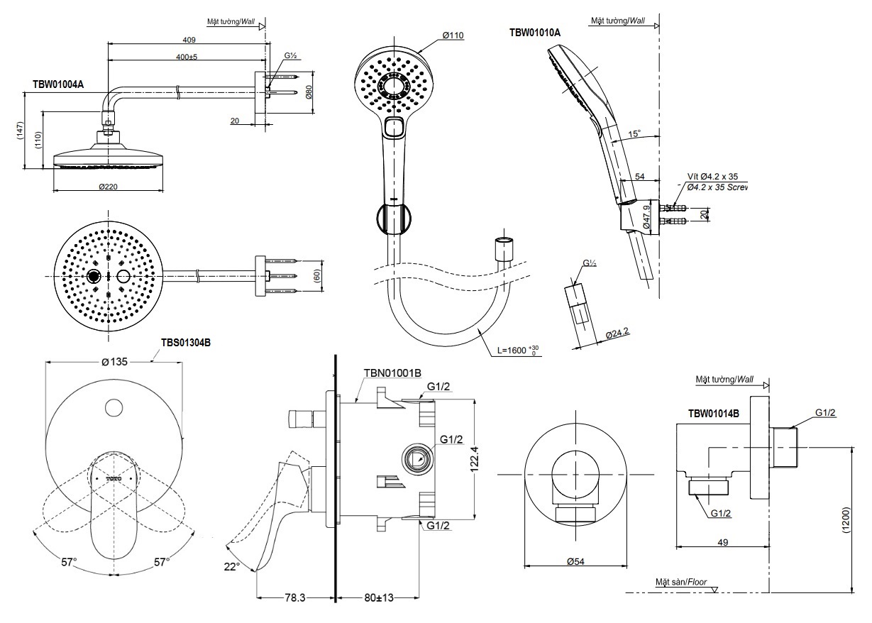 bản vẽ vòi sen TOTO TBS01304B/TBW01004A/TBW01010A âm tường