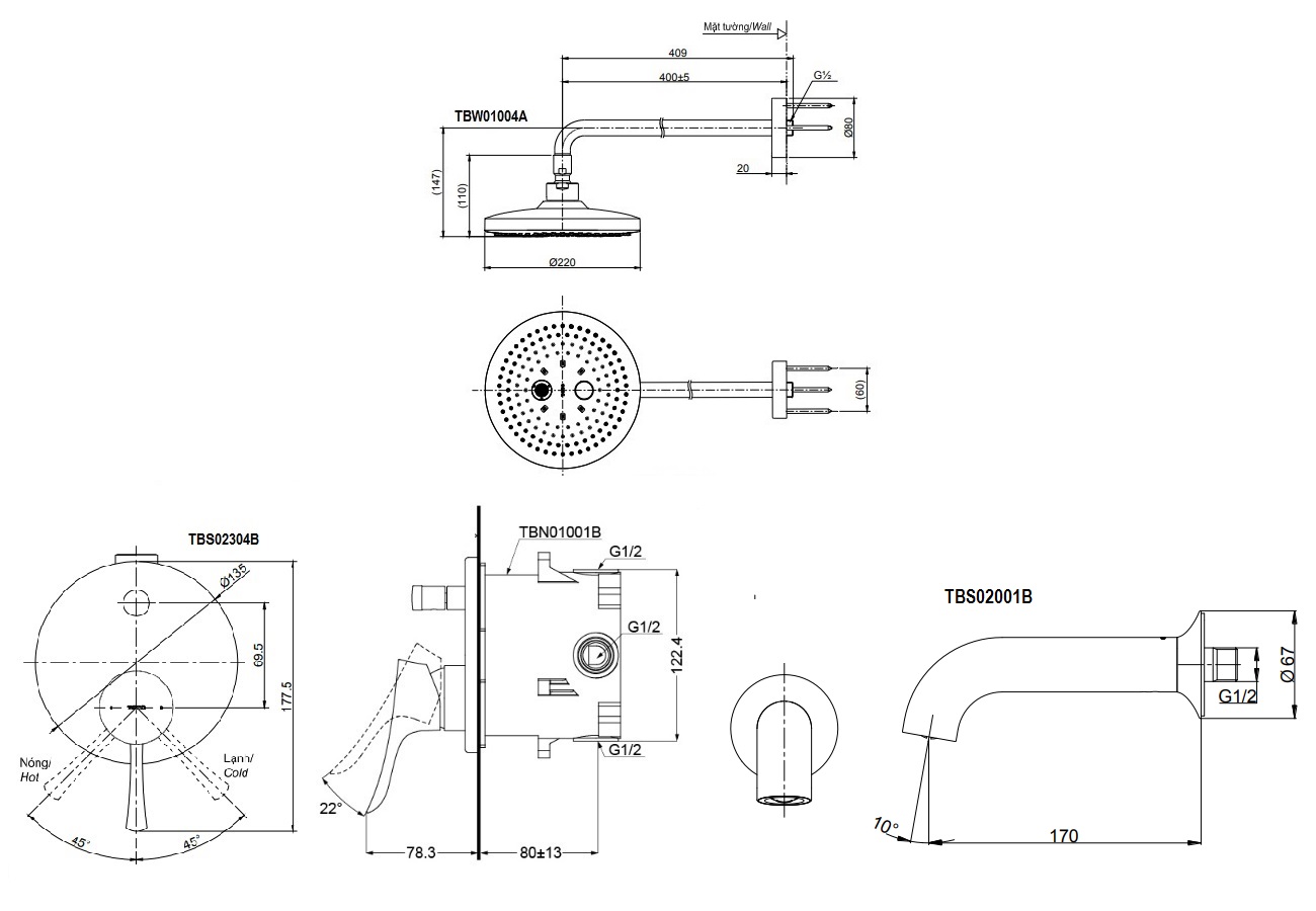 bản vẽ vòi sen TOTO TBS02304B/TBW01004A/TBS02001B âm tường