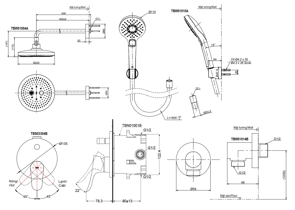 bản vẽ vòi sen TOTO TBS03304B/TBW01004A/TBW01010A âm tường