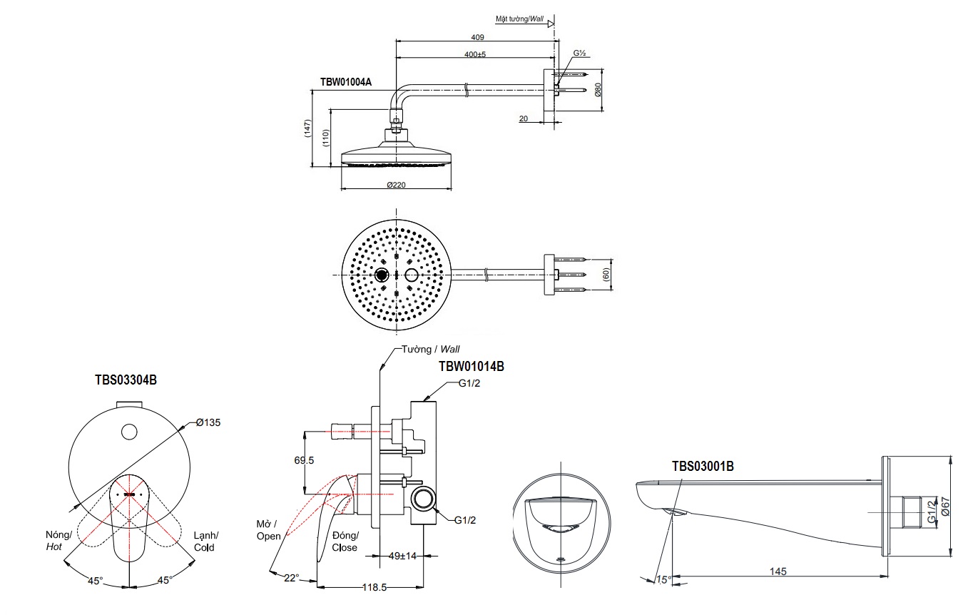 bản vẽ vòi sen TOTO TBS03304B/TBW01004A/TBS03001B âm tường