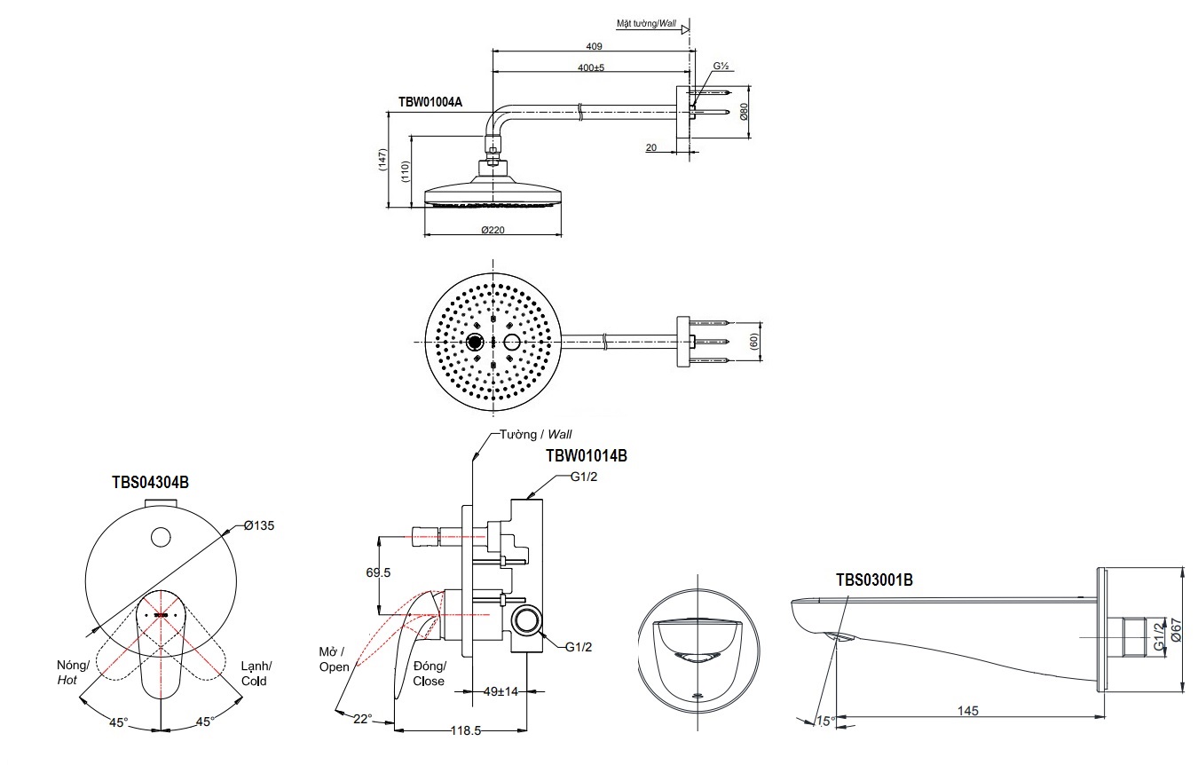 bản vẽ vòi sen TOTO TBS04304B/TBW01004A/TBS03001B âm tường