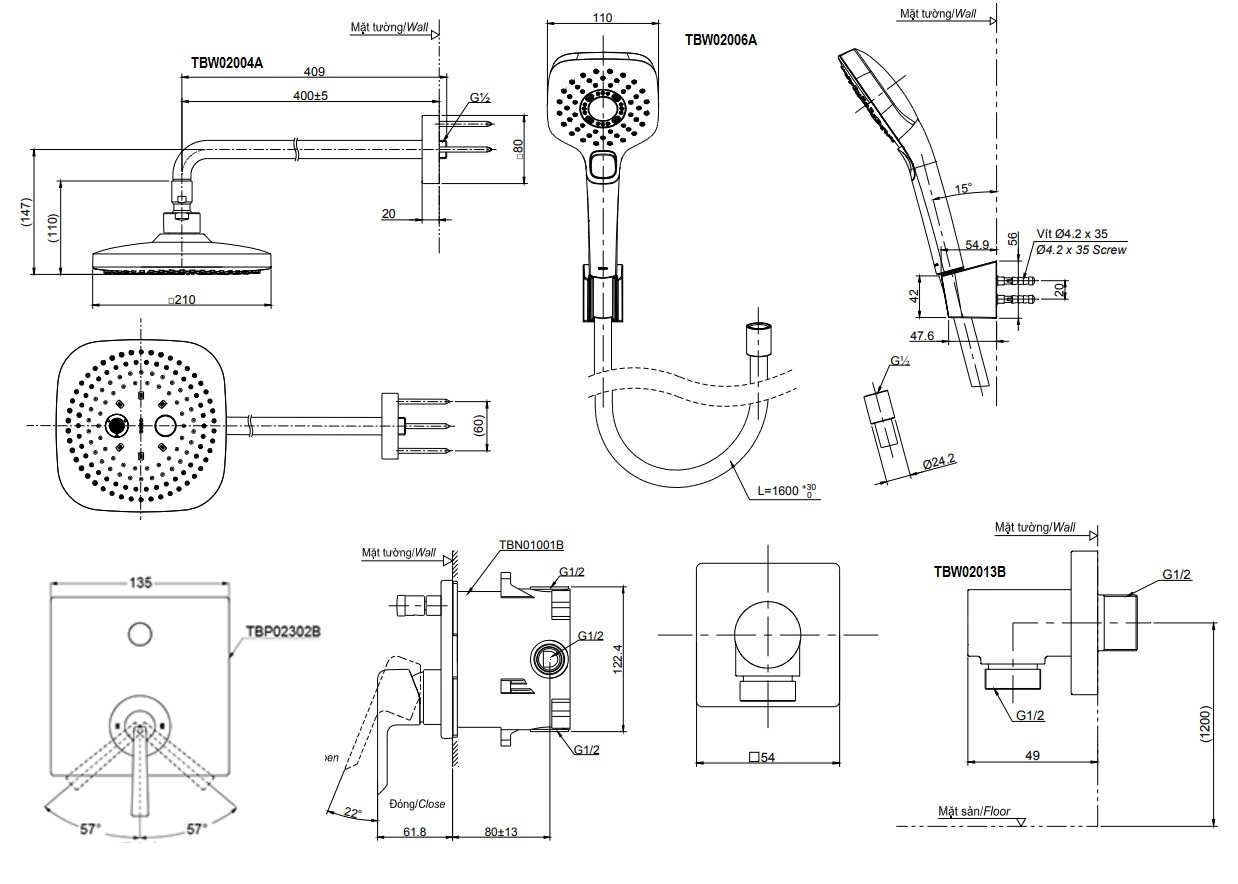 bản vẽ vòi sen TOTO TBP02304B/TBW02004A/TBW02006A âm tường