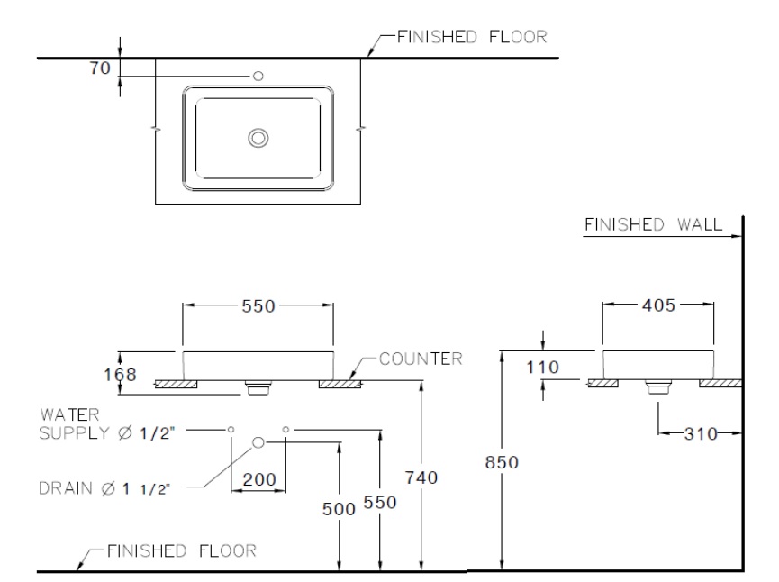 Bản vẽ kỹ thuật chậu lavabo đặt bàn Cotto C003427