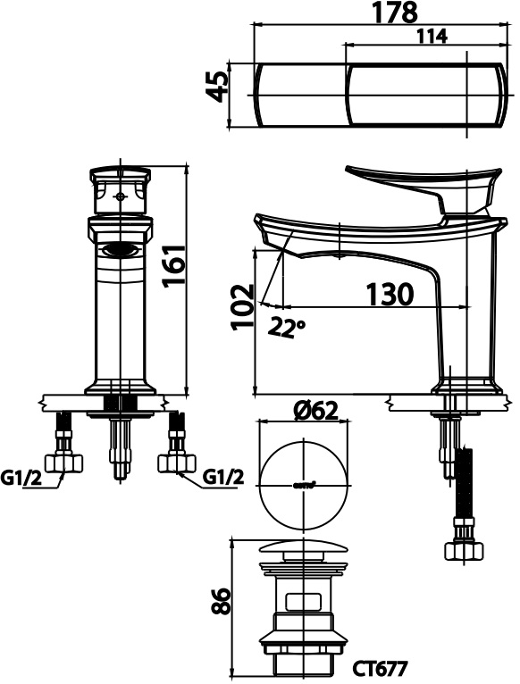 Bản vẽ kỹ thuật vòi chậu rửa mặt CT2251A Cotto