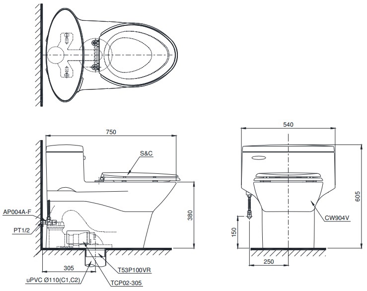 Bản vẽ kỹ thuật xí bệt TOTO MS904T8