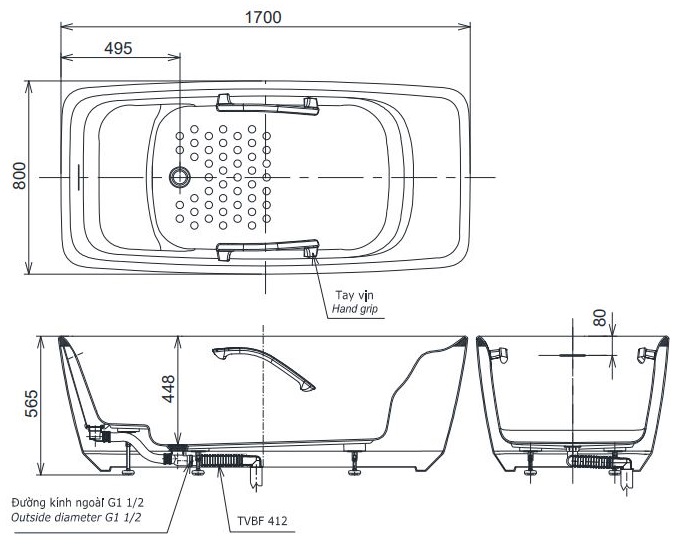 Bản vẽ bồn tắm PJY1724PWEN màu GW TOTO