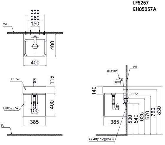 Bộ Tủ Lavabo Caesar LF5257/EH05257AW vân Gỗ