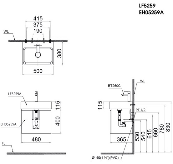 Bộ Tủ Lavabo Caesar LF5259/EH05259AW Vân Gỗ