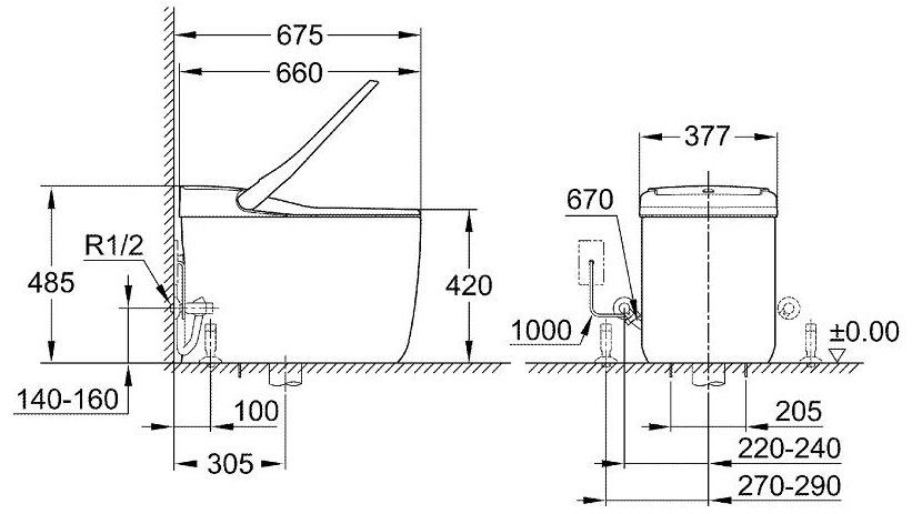 Bản vẽ bồn cầu điện tử Grohe 39355SHO treo tường Sensia